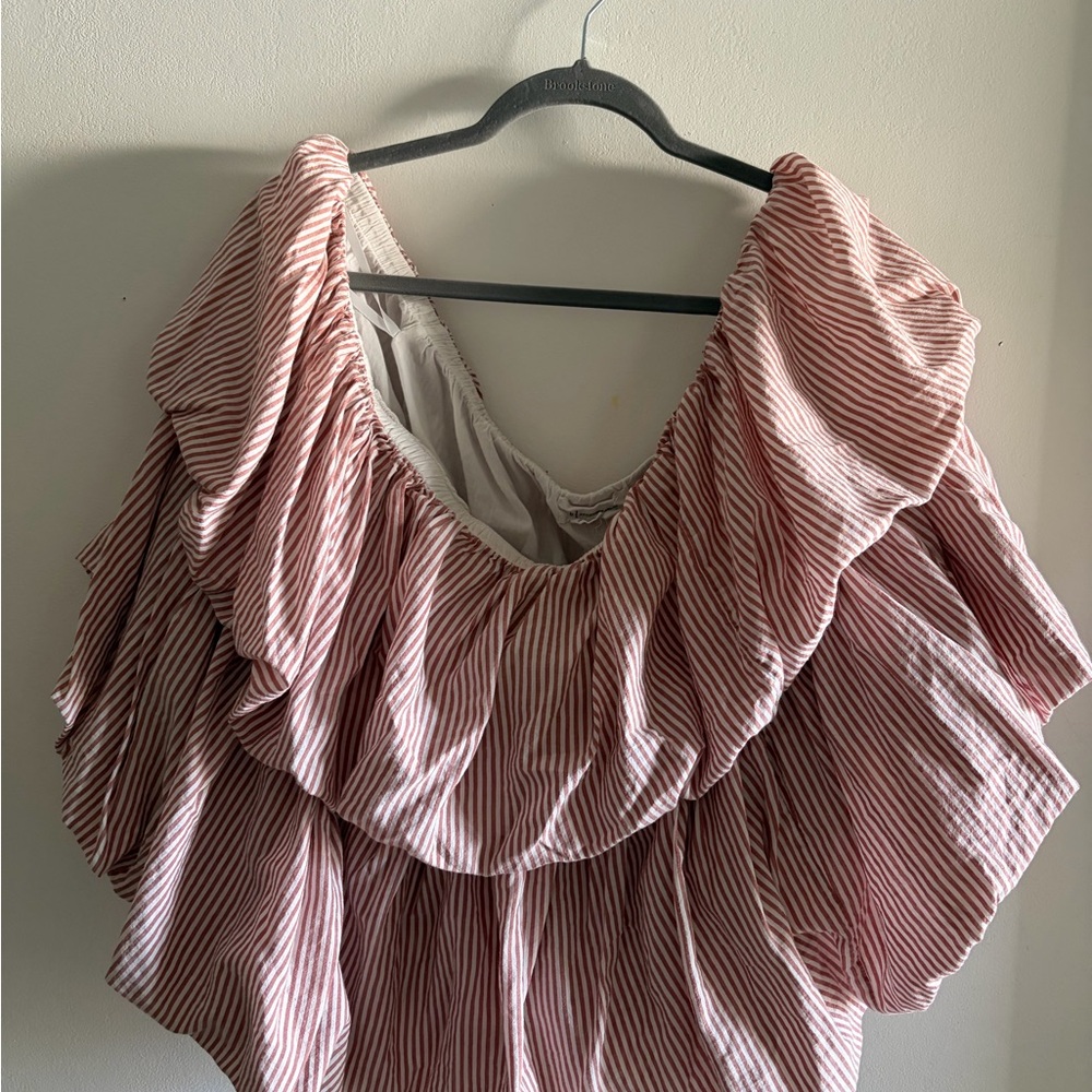 Anthropologie Red and White Striped Ruffle Off-Shoulder Blouse
